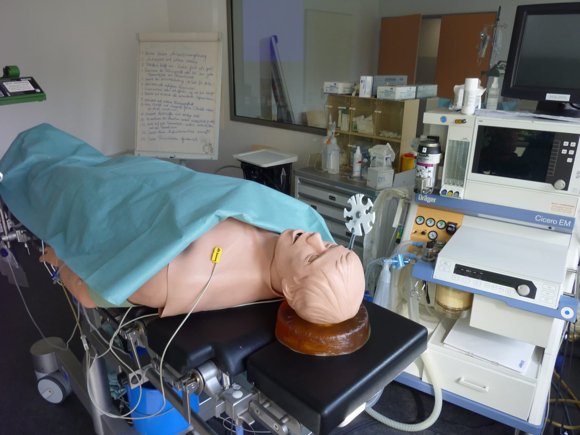 Dummy doll on a hospital bed during camera-monitored medical training at the Cologne University Hospital