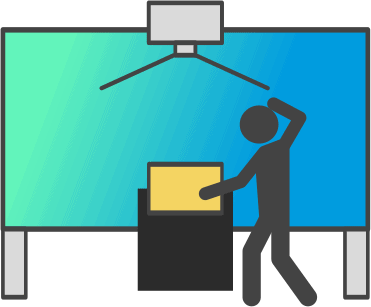 Pictogram of a person in exhibition in front of small exhibit