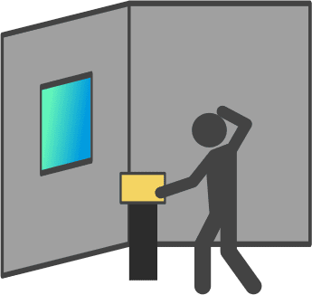 Pictogram of a person in exhibition in front of small exhibit